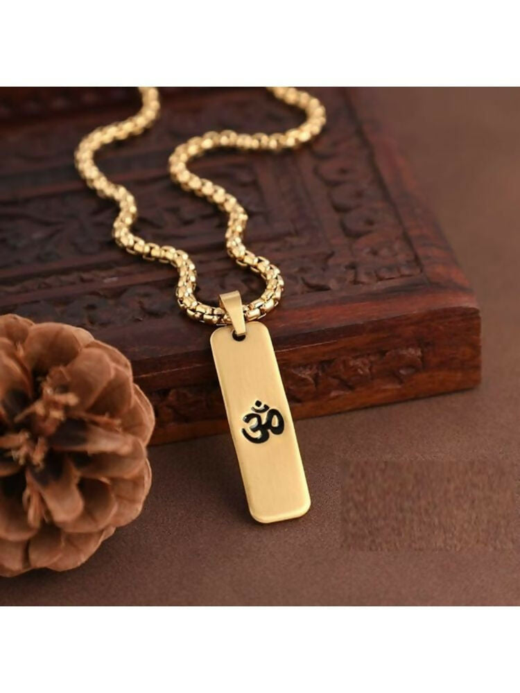NVR Men Om Design Gold-Polished Rectangular Shape Pendant | Grocsy