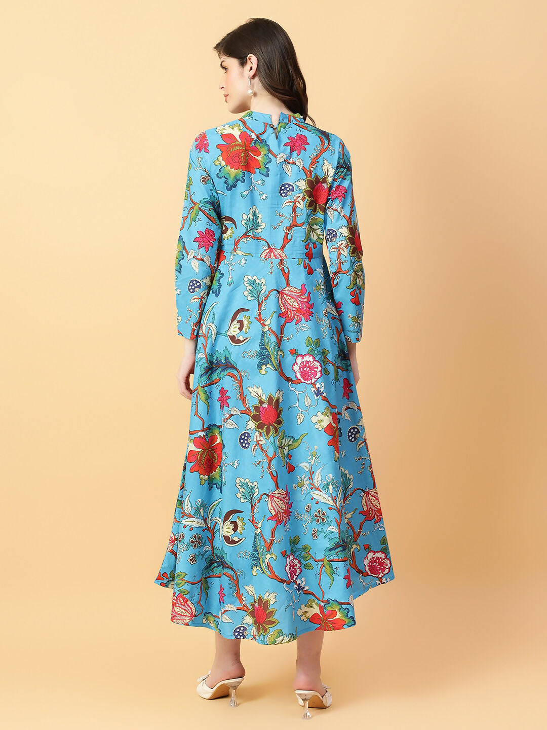 Joban Fashion Turquise Blue Cotton Printed & Hand Work Dress | Grocsy