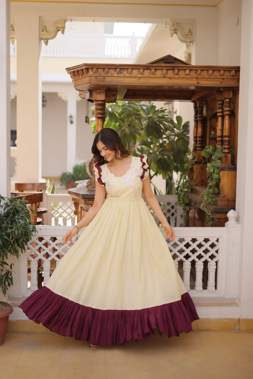 Teeya Creation Womens New Trendy Cotton With Sequins Multithreaded Beads Embroidered Work Gown Set | Grocsy