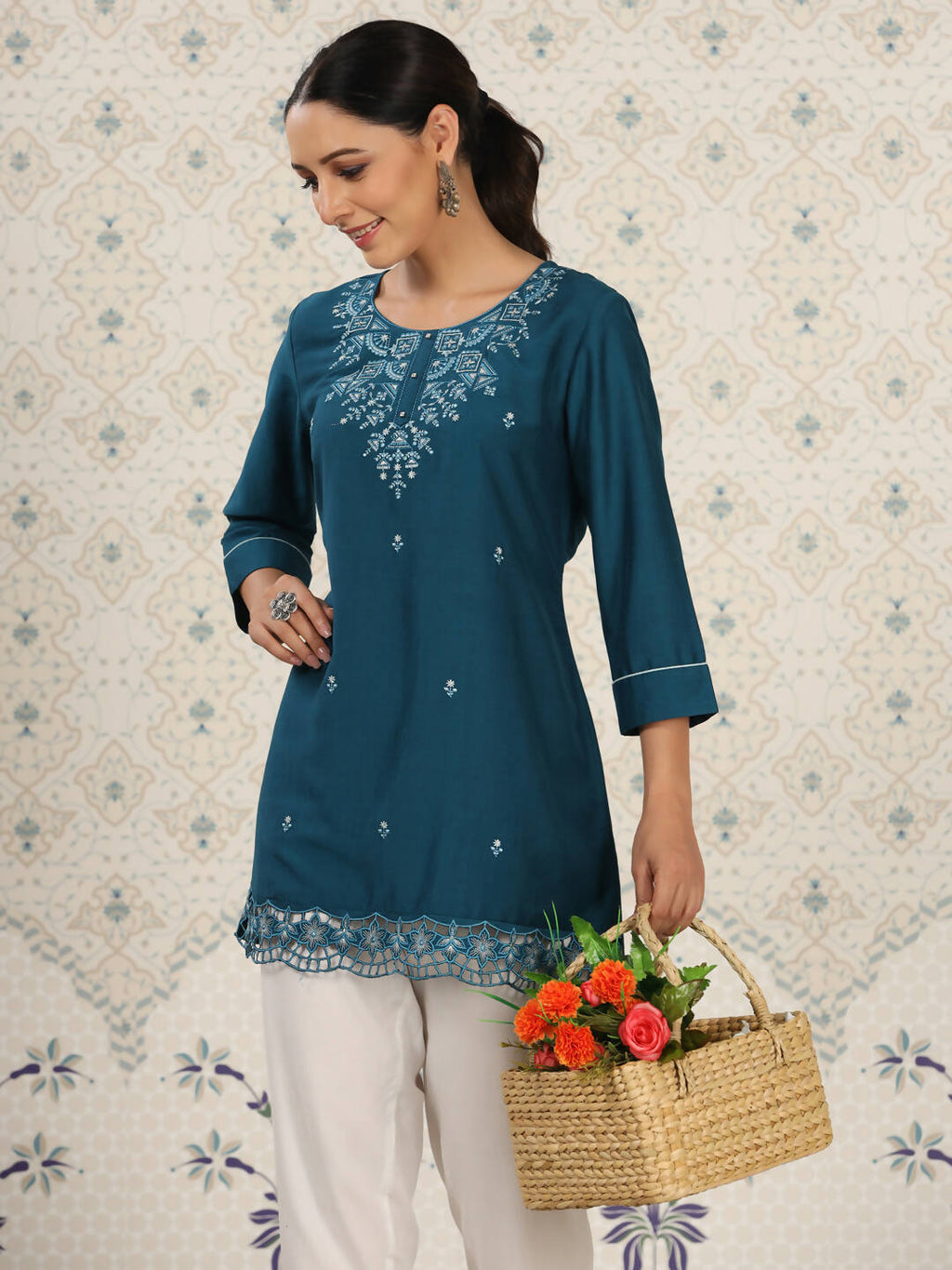 Teal Chinon Embroidered Straight Top - Zeny | Grocsy