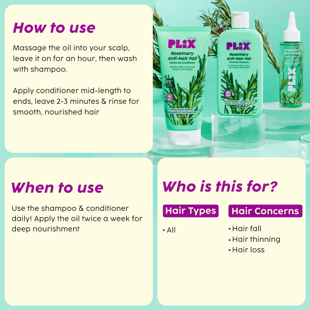 PLIX The Plant Fix Rosemary Hair Growth Advanced Hair Oil, Anti Hairfall Shampoo & Conditioner | Grocsy