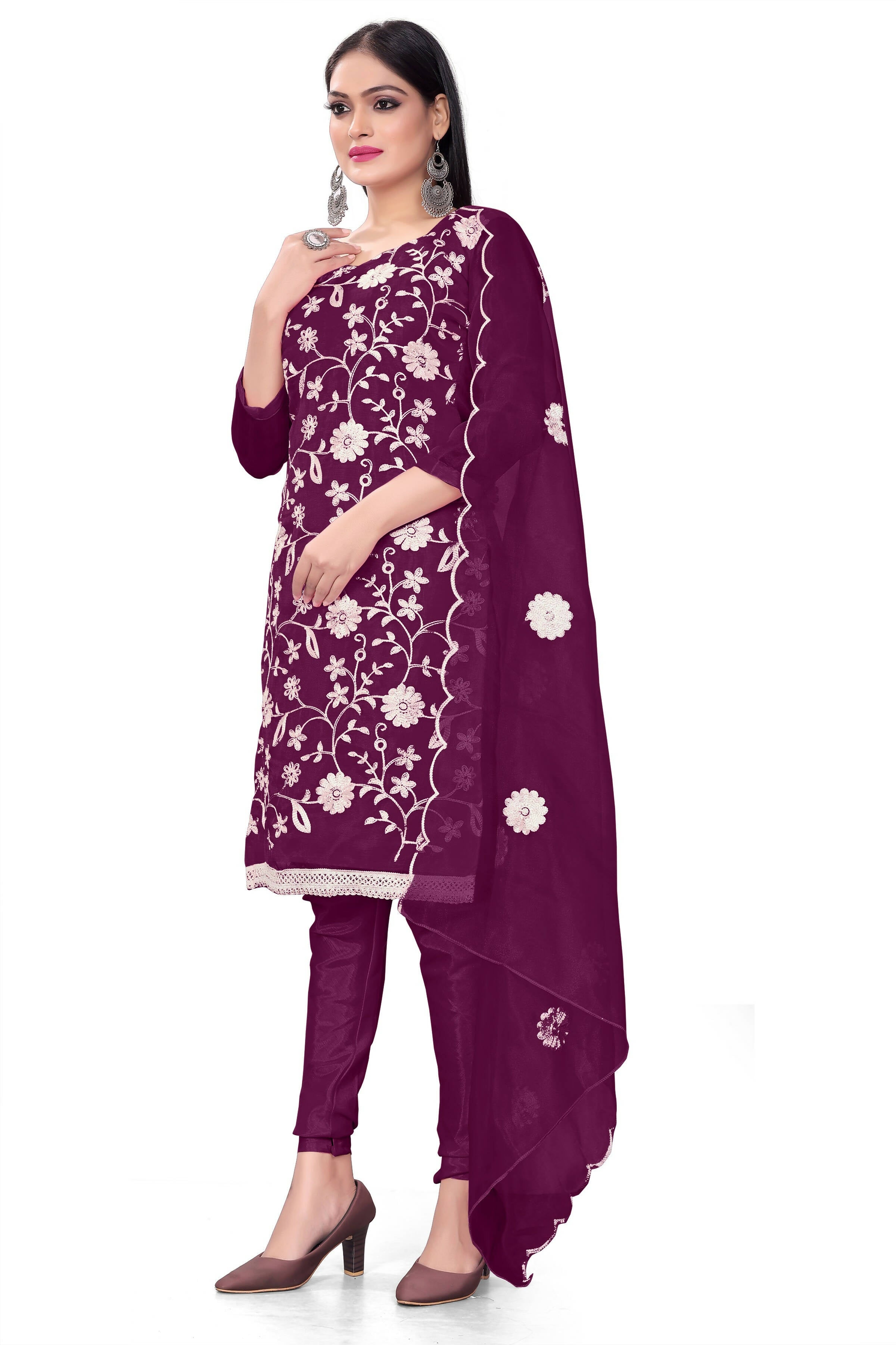 Purple Organza Silk Embroidered Work Unstitched Dress Material - Tanvi | Grocsy