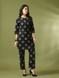 Myshka Women's Black Printed Cotton Round Neck Party Tunic With Trousers Co-ord set | Grocsy