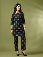 Myshka Women's Black Printed Cotton Round Neck Party Tunic With Trousers Co-ord set | Grocsy