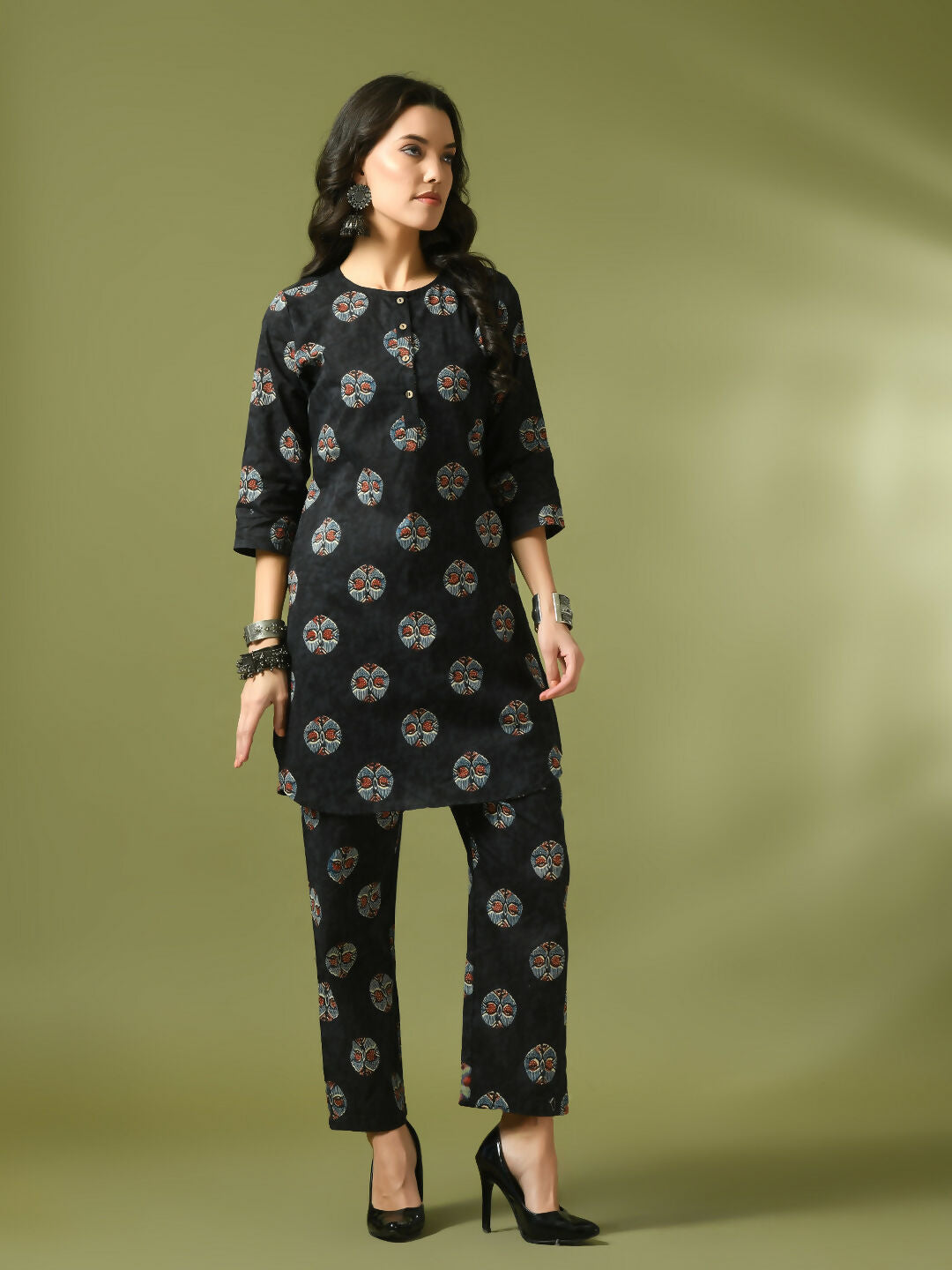 Myshka Women's Black Printed Cotton Round Neck Party Tunic With Trousers Co-ord set | Grocsy