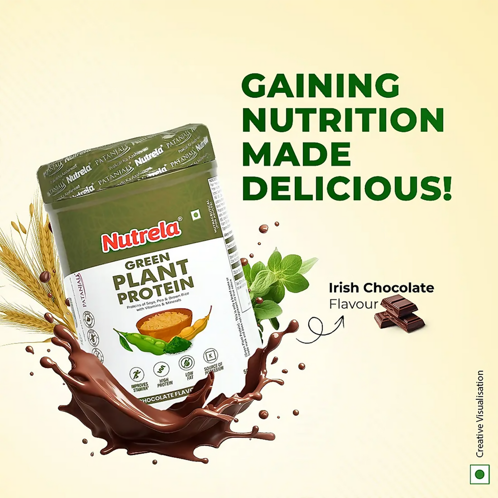 Patanjali Nutrela Green Plant Protein Chocolate | Vegan Protein Powder with Ayurvedic Herbs - Swadesiicart