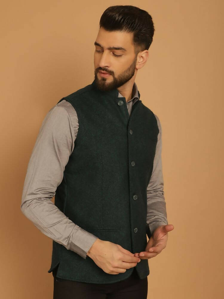 Even Apparels Pure Wool Nehru Jacket - Green | Grocsy