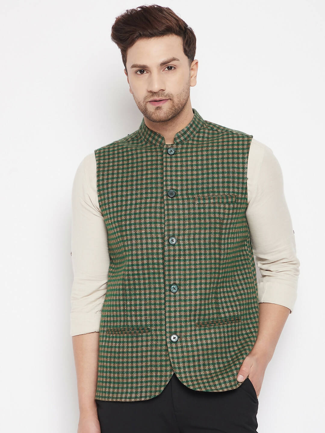 Even Apparels Green Wool Men Woven Nehru Jacket | Grocsy