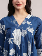 Aavyora Women's Blue Floral Printed Cotton Kurta with Trouser | Grocsy