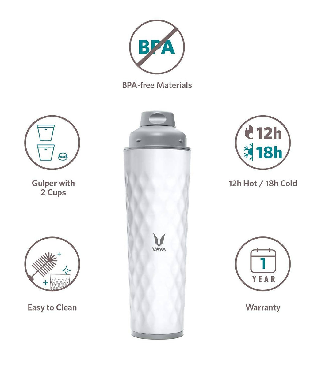 Vaya Drynk Stainless Steel Water Bottle Tumbler for Office - 600ml (White) | Grocsy