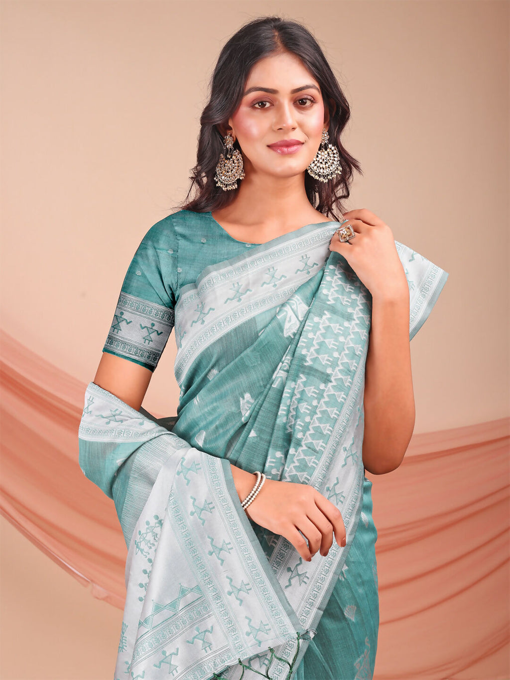 Shree Shyam Fashion Varnika Sea Green Linen Cotton Saree | Grocsy