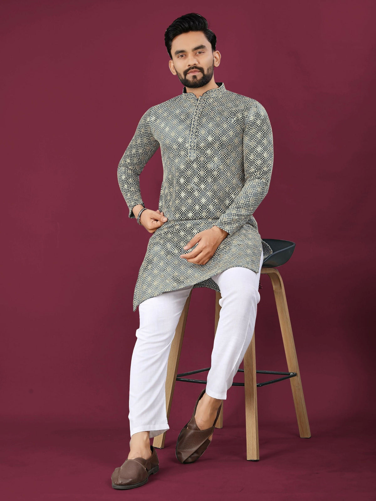 Anaita Grey Chikankari Work Viscose Rayon Straight Kurta | Grocsy
