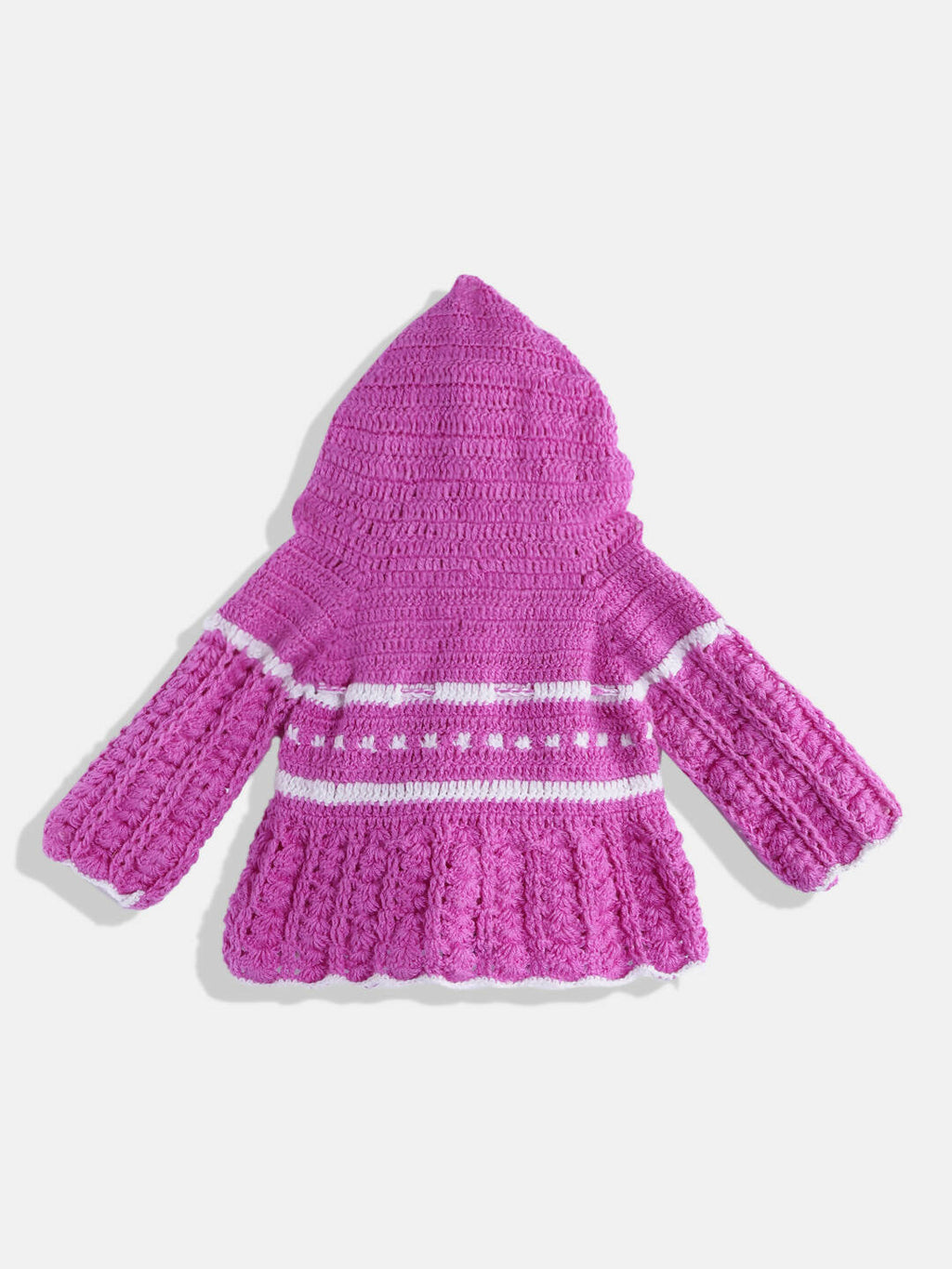 Chutput Kids Woollen Hand Knitted Full Sleeves Self Design Hood Detail Dress For Baby Girls - Purple | Grocsy