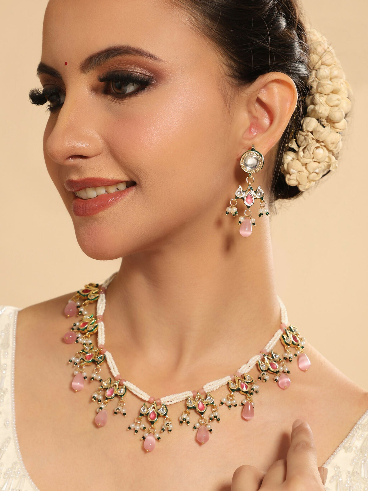 Nuyug 22K Gold Plated Pearl Empress Flora Pink Stone Drops Necklace Set | Grocsy