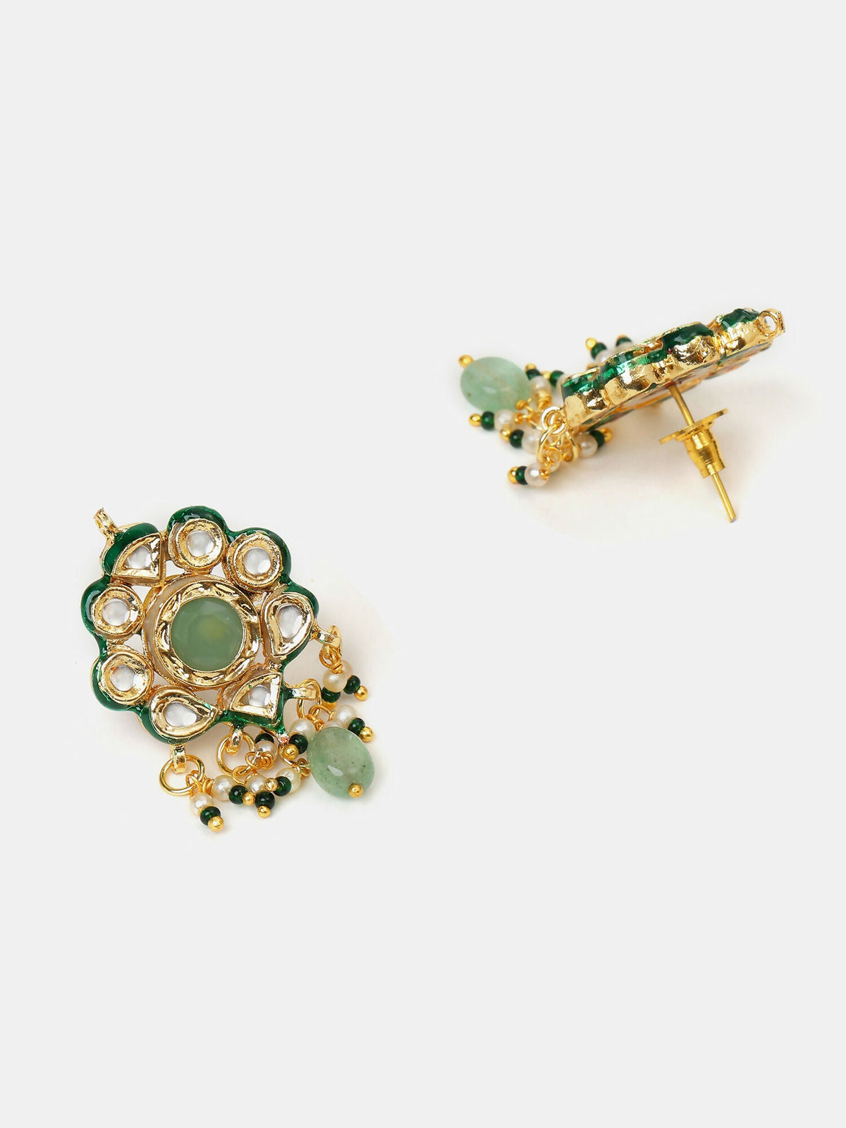 Ruby Raang Green-Gold Kundan Neck Piece With Matching Earrings And Maang Tikka | Grocsy