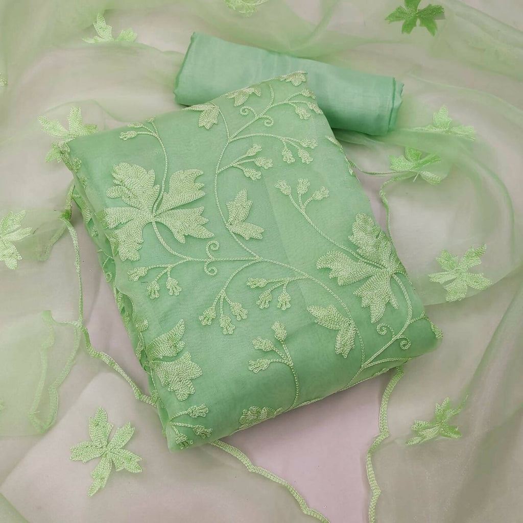 Green Heavy Organza Silk Embroidered Unstitched Dress Material - Amara | Grocsy