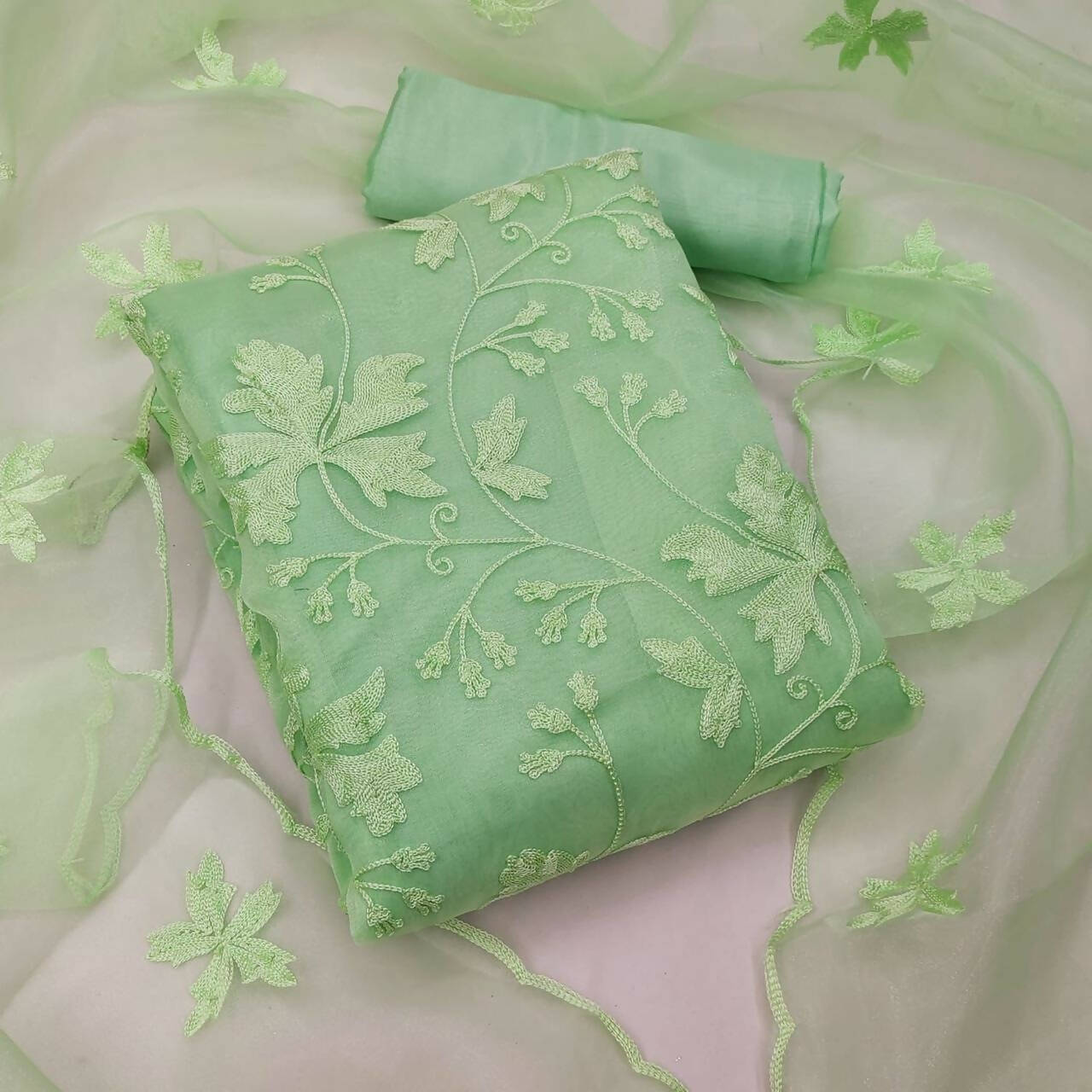 Green Heavy Organza Silk Embroidered Unstitched Dress Material - Amara | Grocsy