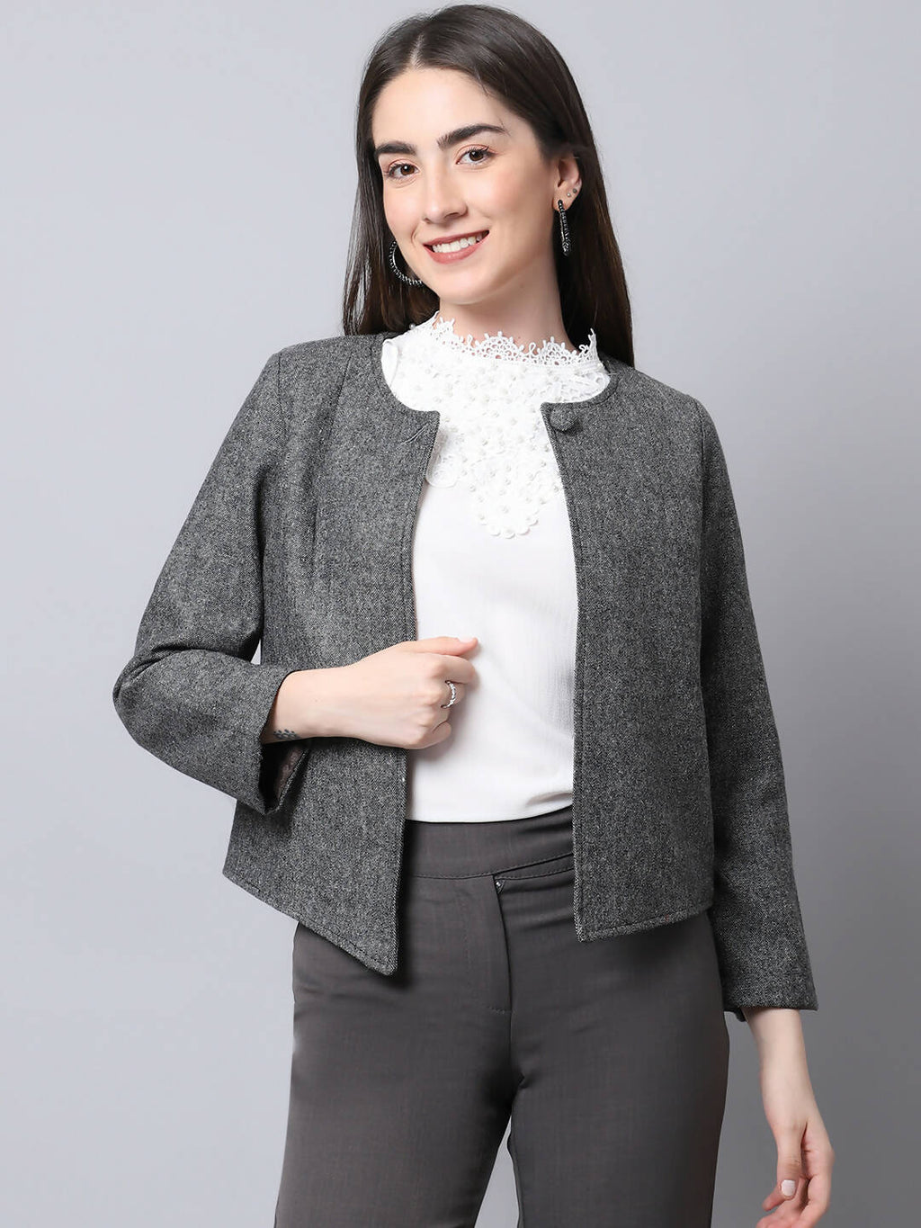 Even Apparels Black Pure Wool Open Front Statement Women's Jacket | Grocsy
