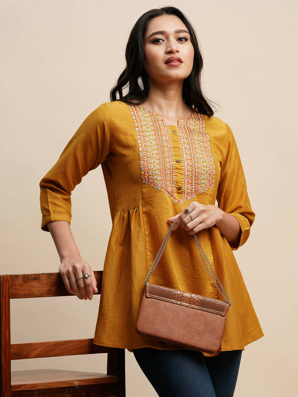 Mustard Chinon Embroidered Top - Tarini | Grocsy