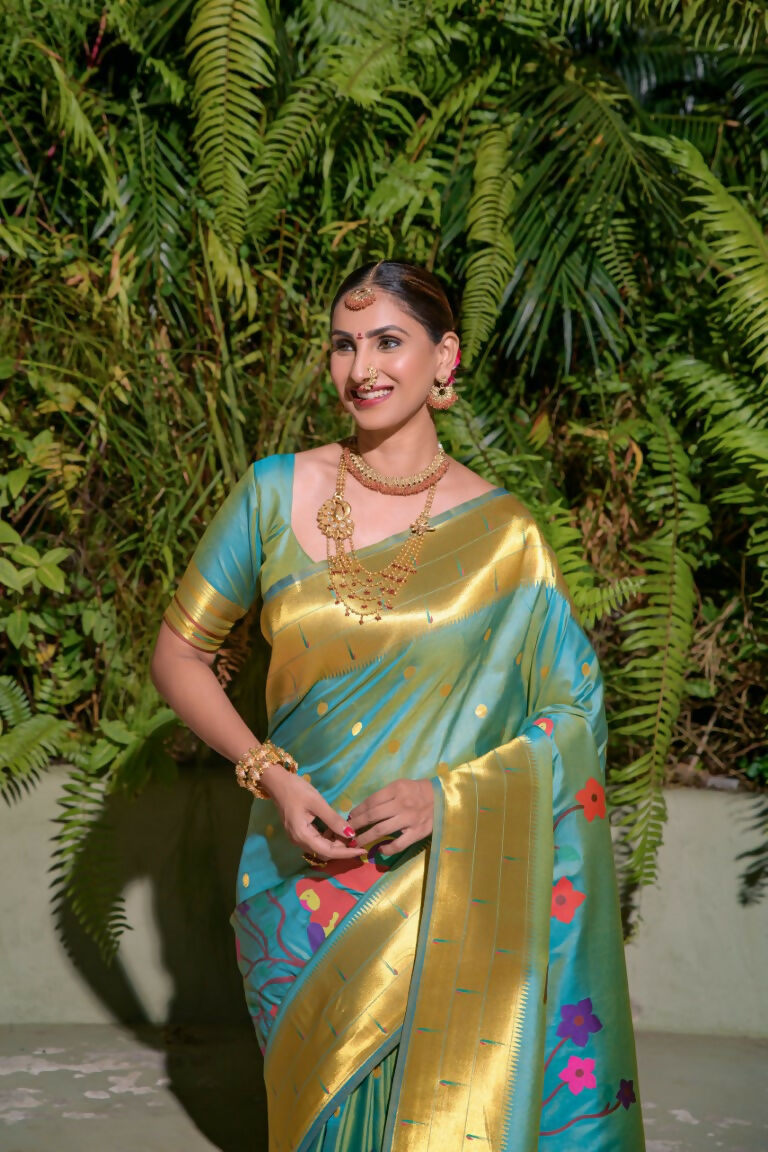 Jyoti Fashion Women's Firozi Paithani Silk Zari Woven Saree with Blouse | Grocsy