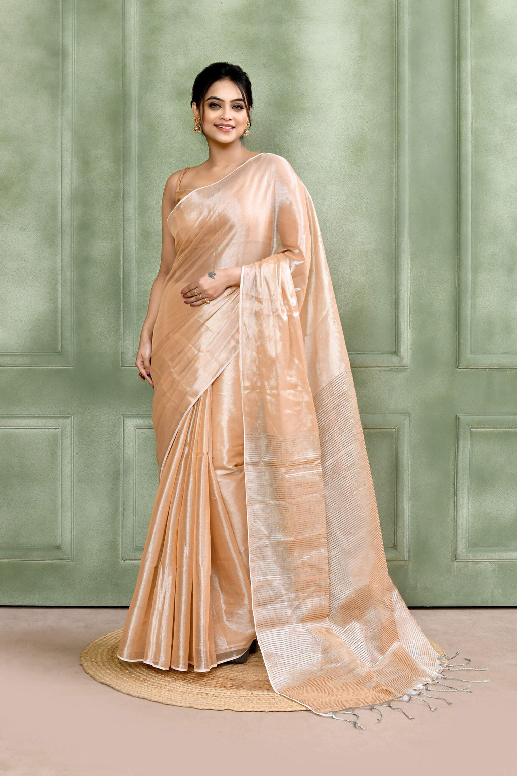 Piyari Fashion Women's Beige Dual Tone Organic Tissue Saree With Blouse Piece | Grocsy
