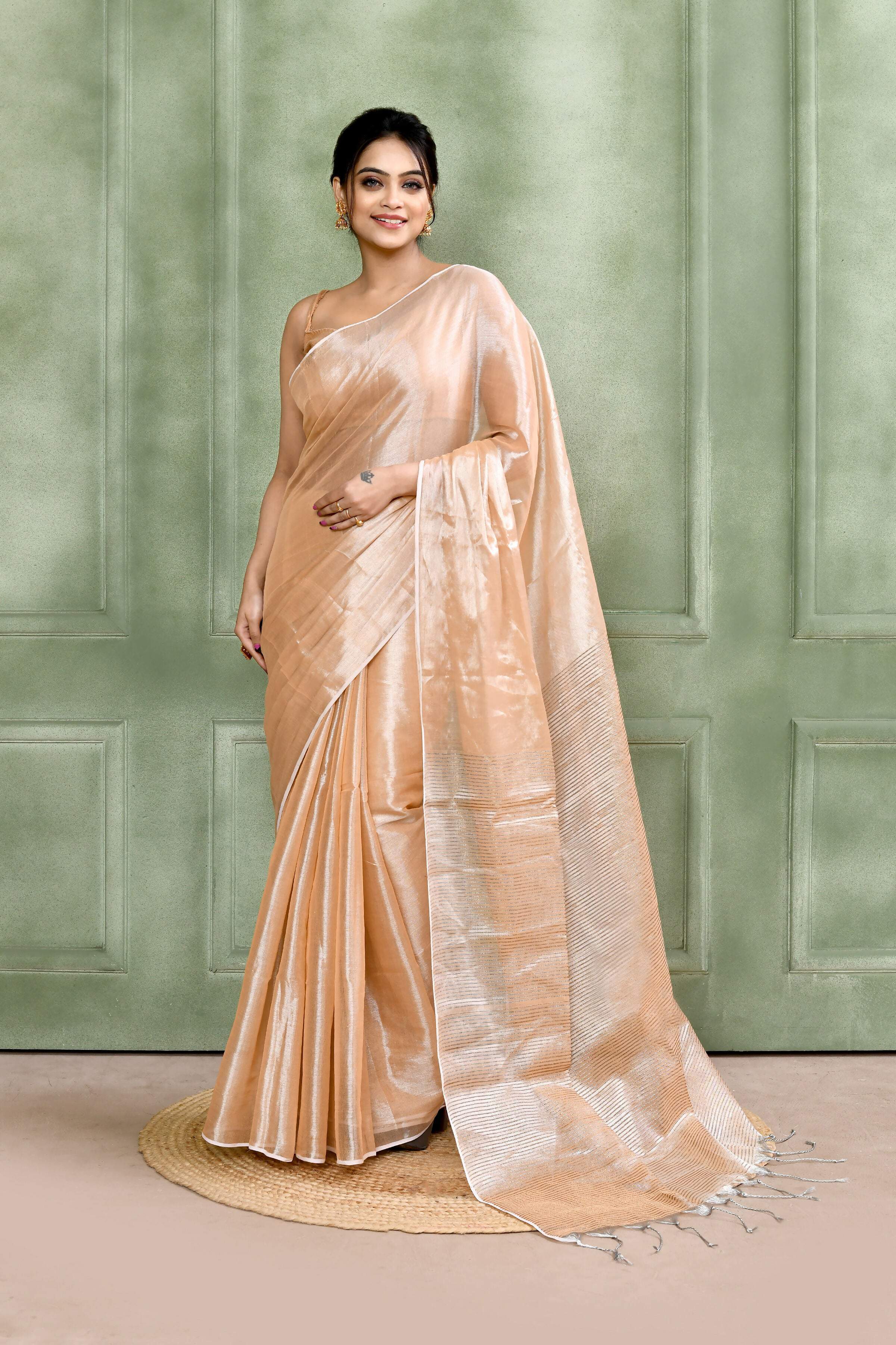 Piyari Fashion Women's Beige Dual Tone Organic Tissue Saree With Blouse Piece | Grocsy