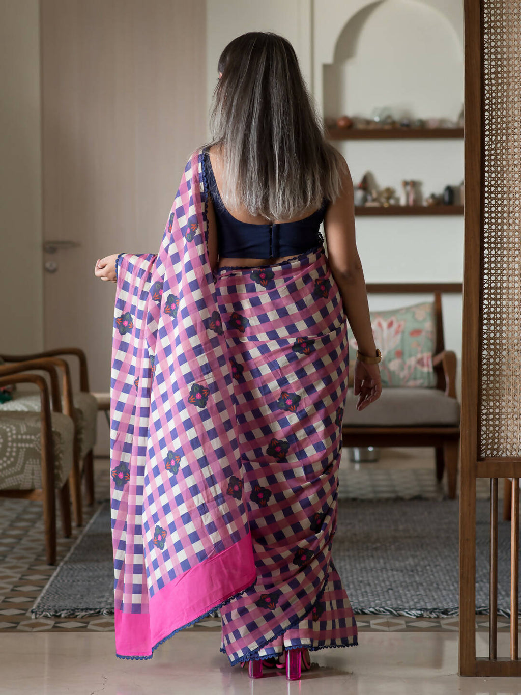 Suta Multi Color Checked Pure Cotton Saree | Grocsy