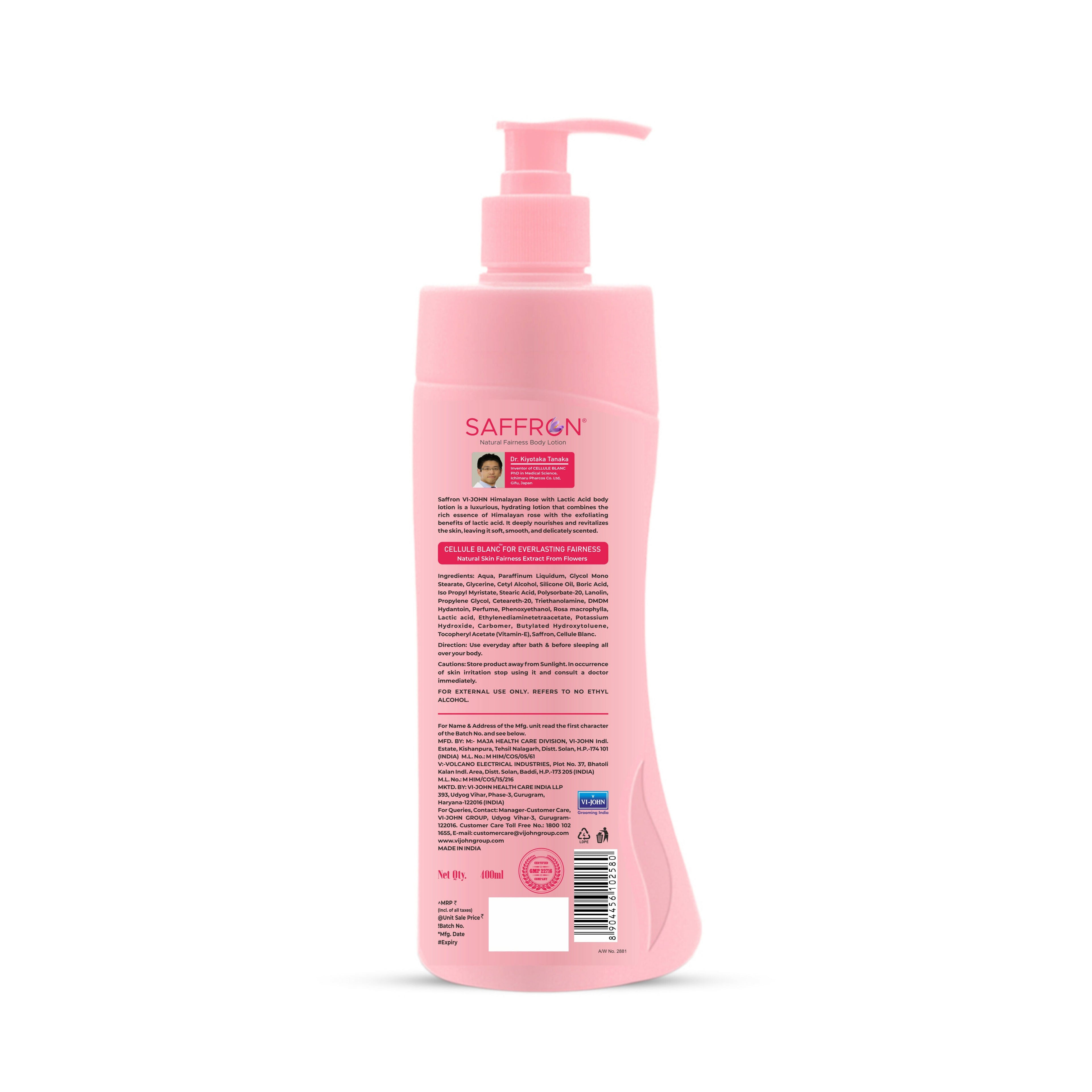 VI-JOHN Saffron Natural Fairness Body Lotion Himalayan Rose with Lactic Acid Deep Nourishment for Soft & Radiant Skin For All Skin Types | Grocsy