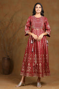Juniper Women Maroon Shantoon Printed Anarkali Dress | Grocsy