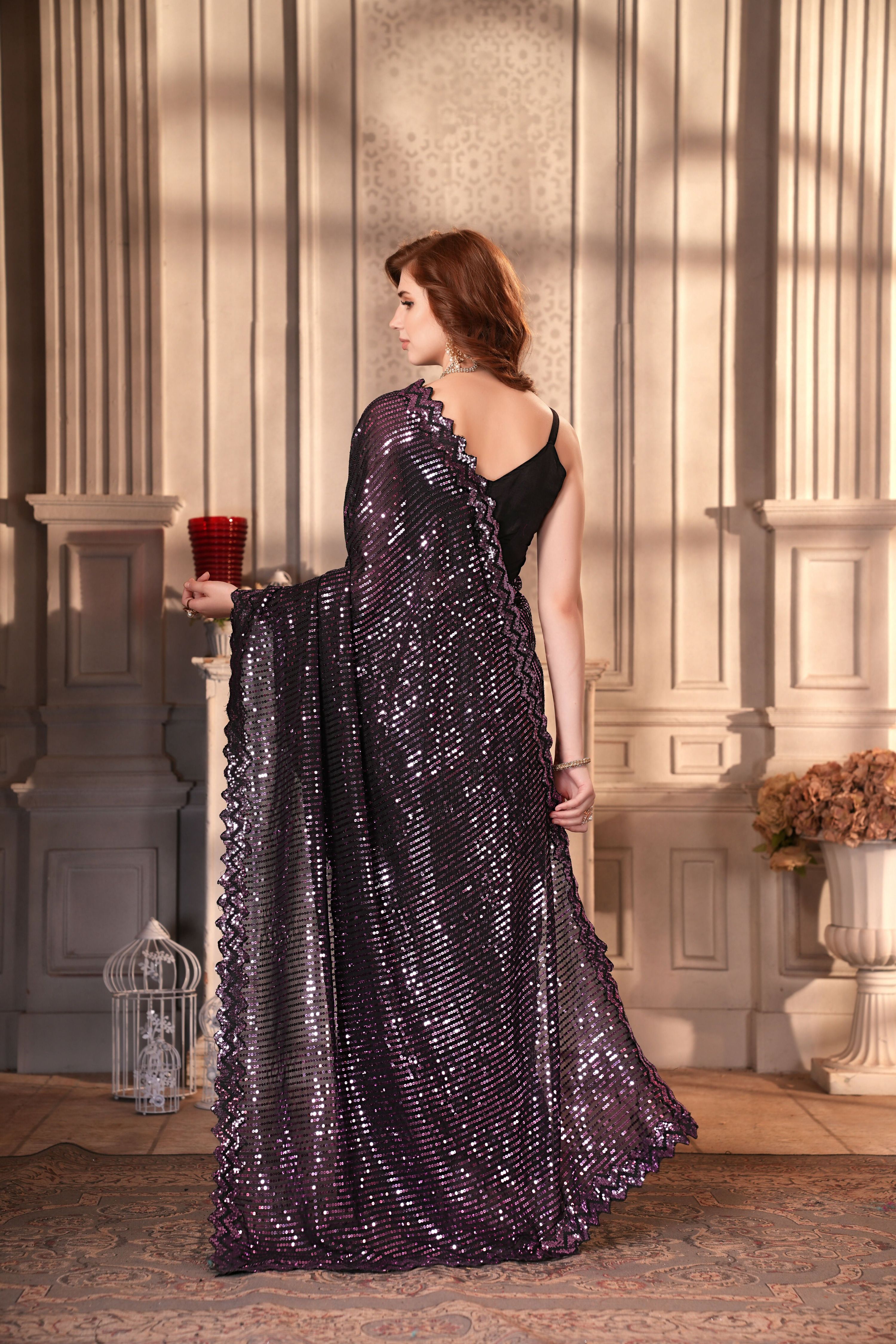 Dishitha Creation Indian Women's Designer Georgette Sequence Saree - Purple | Grocsy