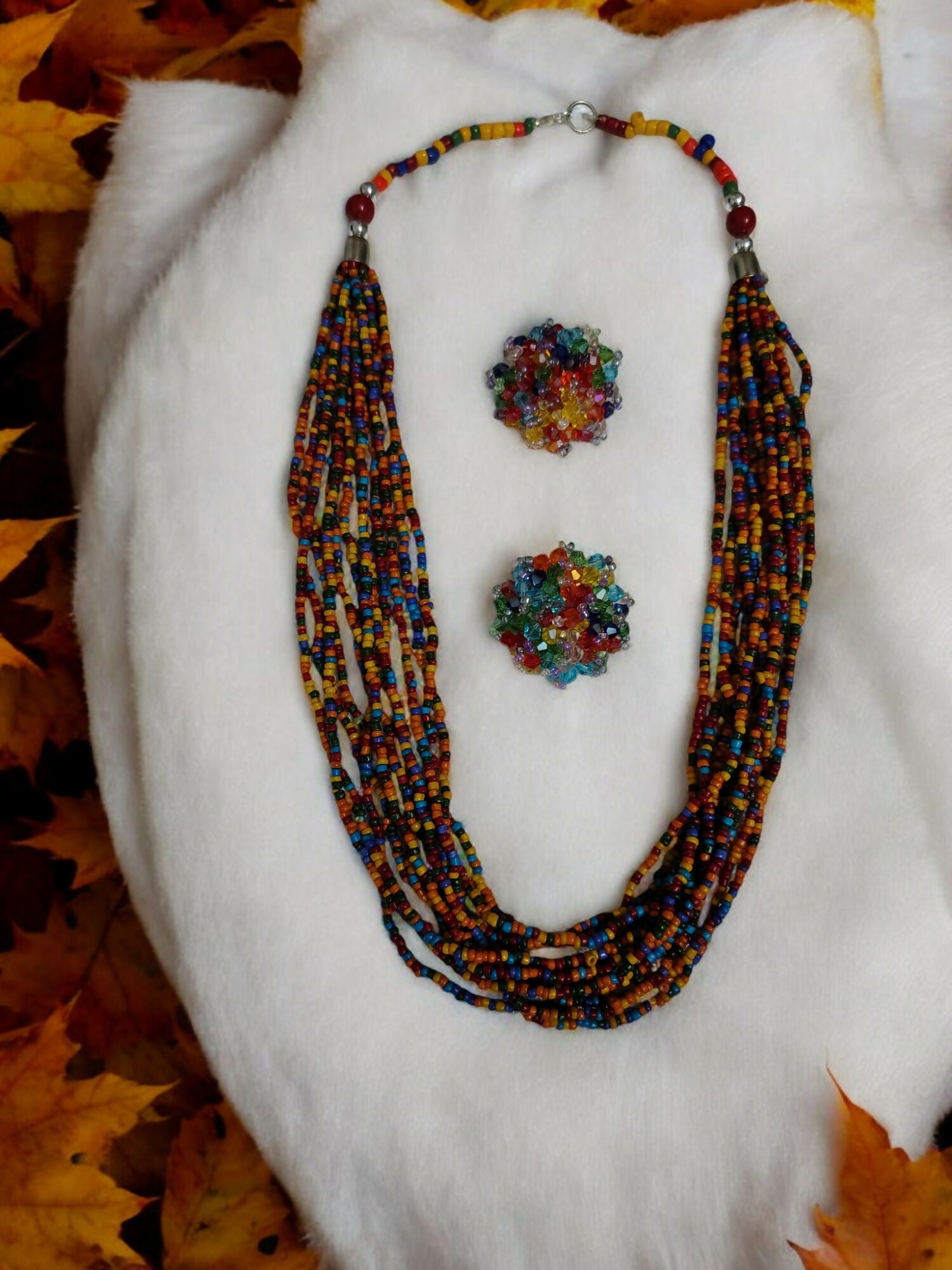 Inhanns Bloom Handmade Beaded Necklace With Earrings - 12 Layers - Multicolor Necklace Set | Grocsy