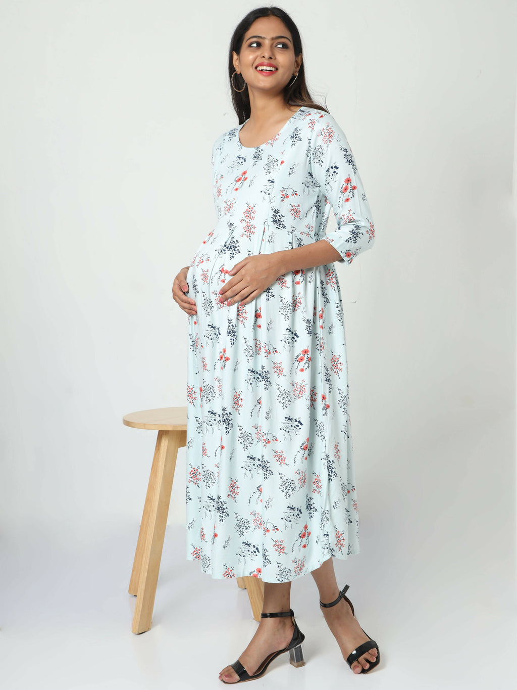 Manet Three Fourth Maternity Dress Floral Print With Concealed Zipper Nursing Access - Pista Green | Grocsy