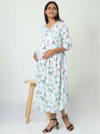 Manet Three Fourth Maternity Dress Floral Print With Concealed Zipper Nursing Access - Pista Green | Grocsy