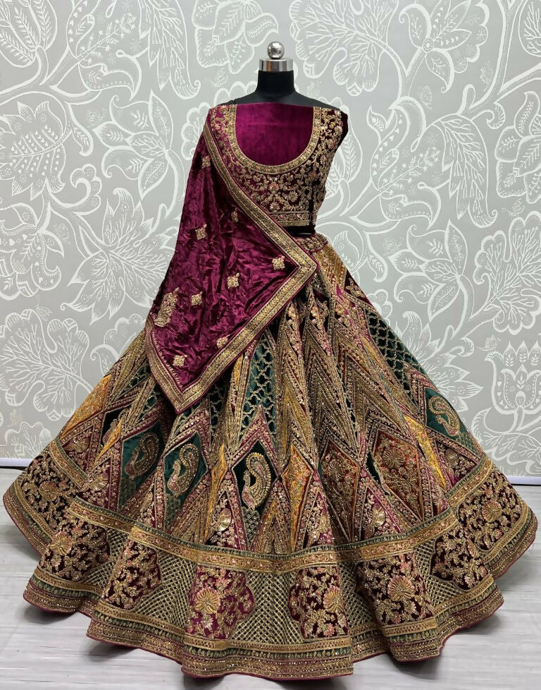Jyoti Fashion Women's Multicolor Velvet Fancy Patch, Multi Thread Embroidered, Zircon Diamond, Sequins Work Wedding Lehenga Choli | Grocsy