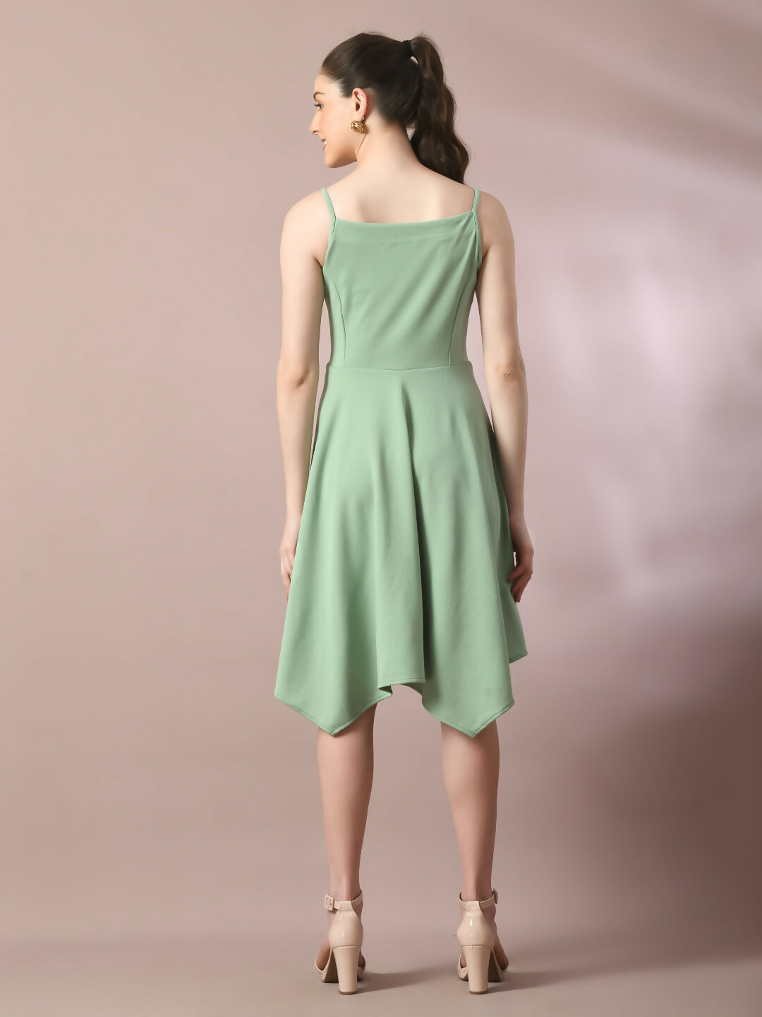 Myshka Women's Sea Green Solid Shoulder Straps Fit and Flare Party Dress | Grocsy