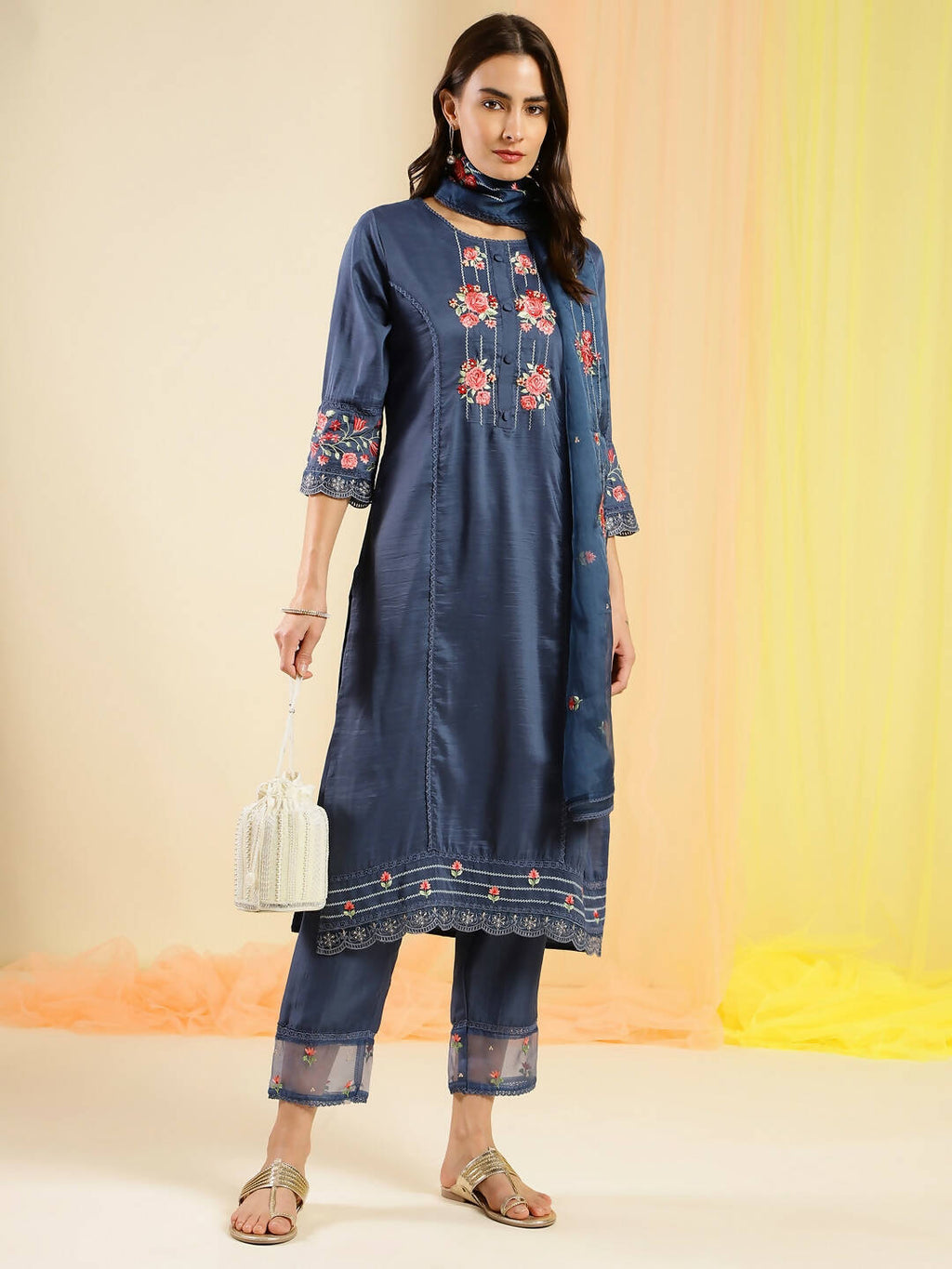 Navy Blue Chinon Embroidered Straight Kurta with Trouser & Dupatta - Salimar | Grocsy