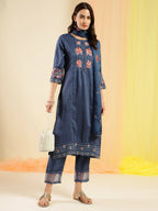 Navy Blue Chinon Embroidered Straight Kurta with Trouser & Dupatta - Salimar | Grocsy