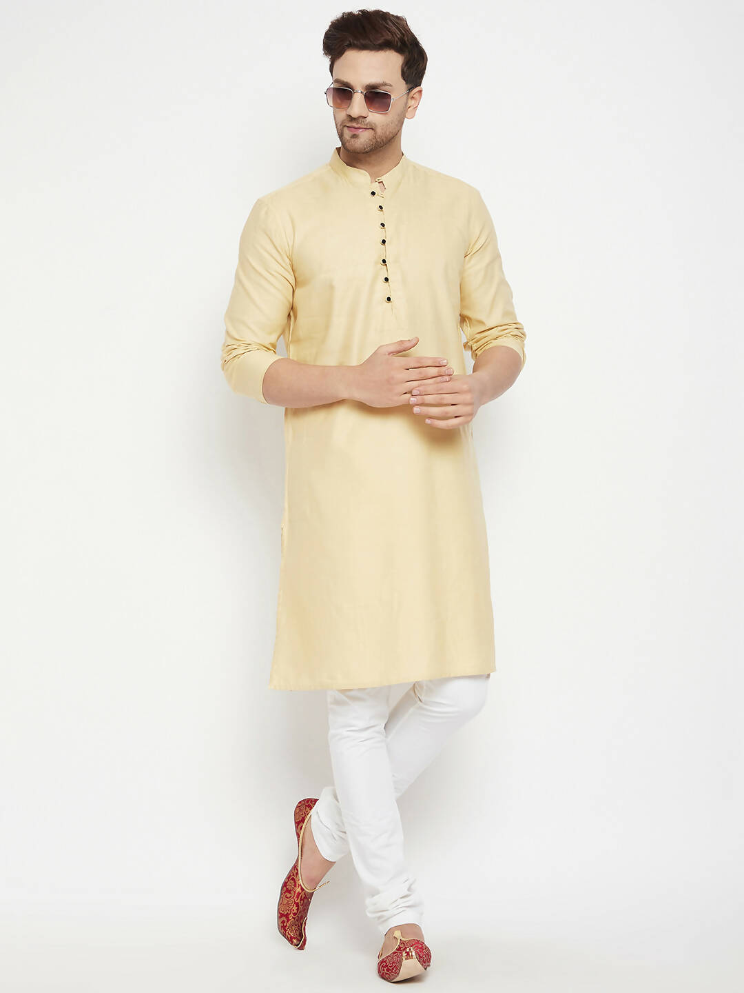 Even Apparels Beige Pure Cotton Long Men's Kurta With Band Collar | Grocsy