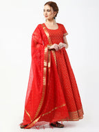 Cheera Women's Red Cotton Hand Block Print Long Dress With Silk Dupatta Set | Grocsy