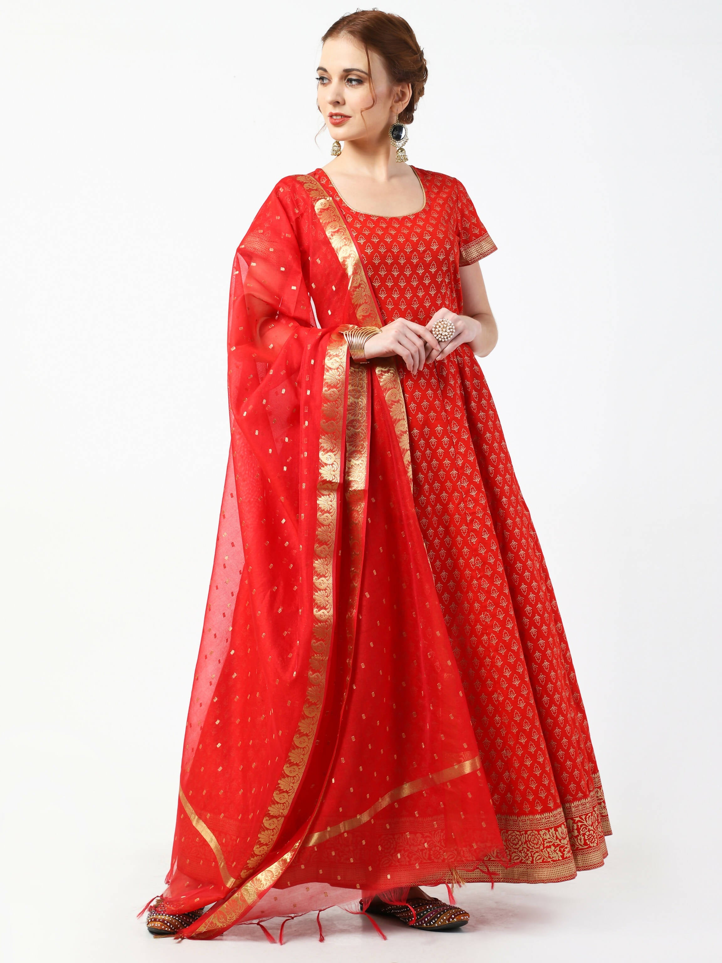 Cheera Women's Red Cotton Hand Block Print Long Dress With Silk Dupatta Set | Grocsy