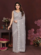 PR Fashion Grey Georgette Embroidery Work With Embroidery Work Blouse Saree | Grocsy