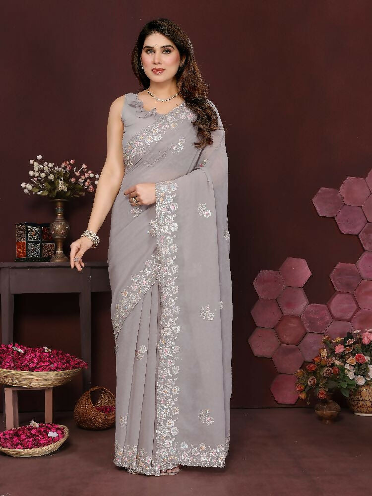 PR Fashion Grey Georgette Embroidery Work With Embroidery Work Blouse Saree | Grocsy