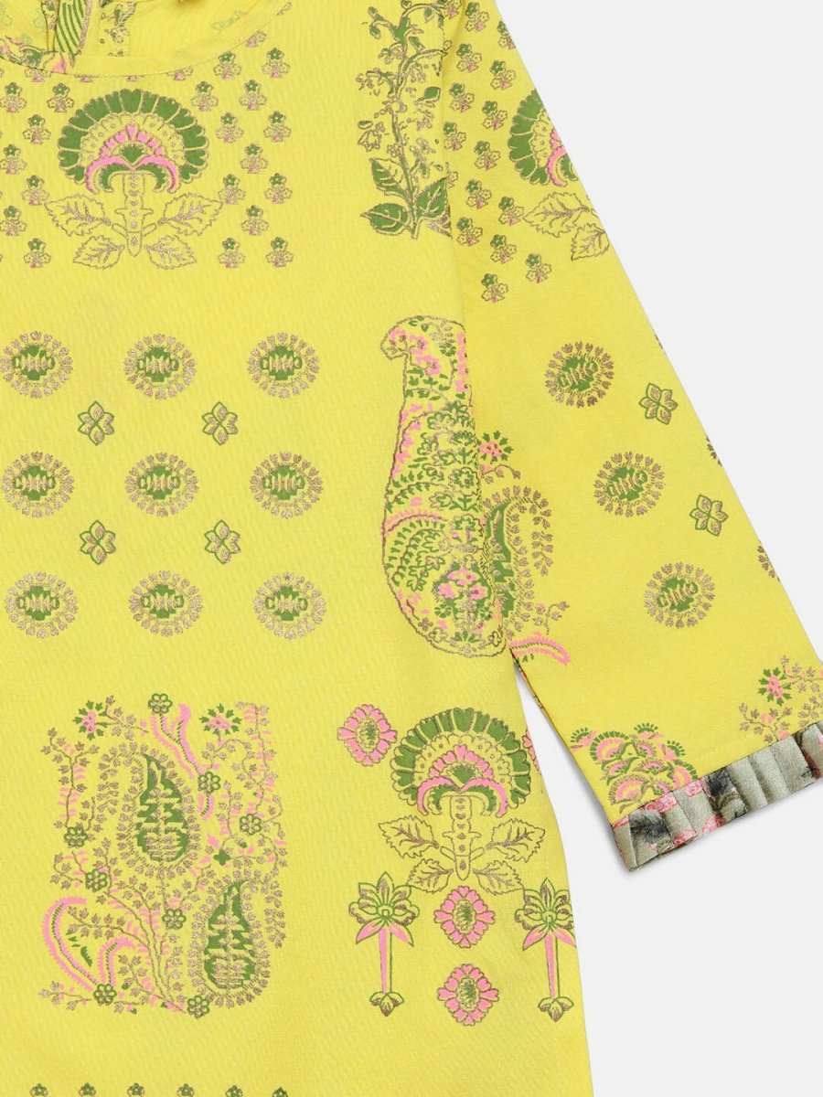 Ahalyaa Yellow Viscose Rayon Straight Kids Kurta Pants With Dupatta For Girls | Grocsy