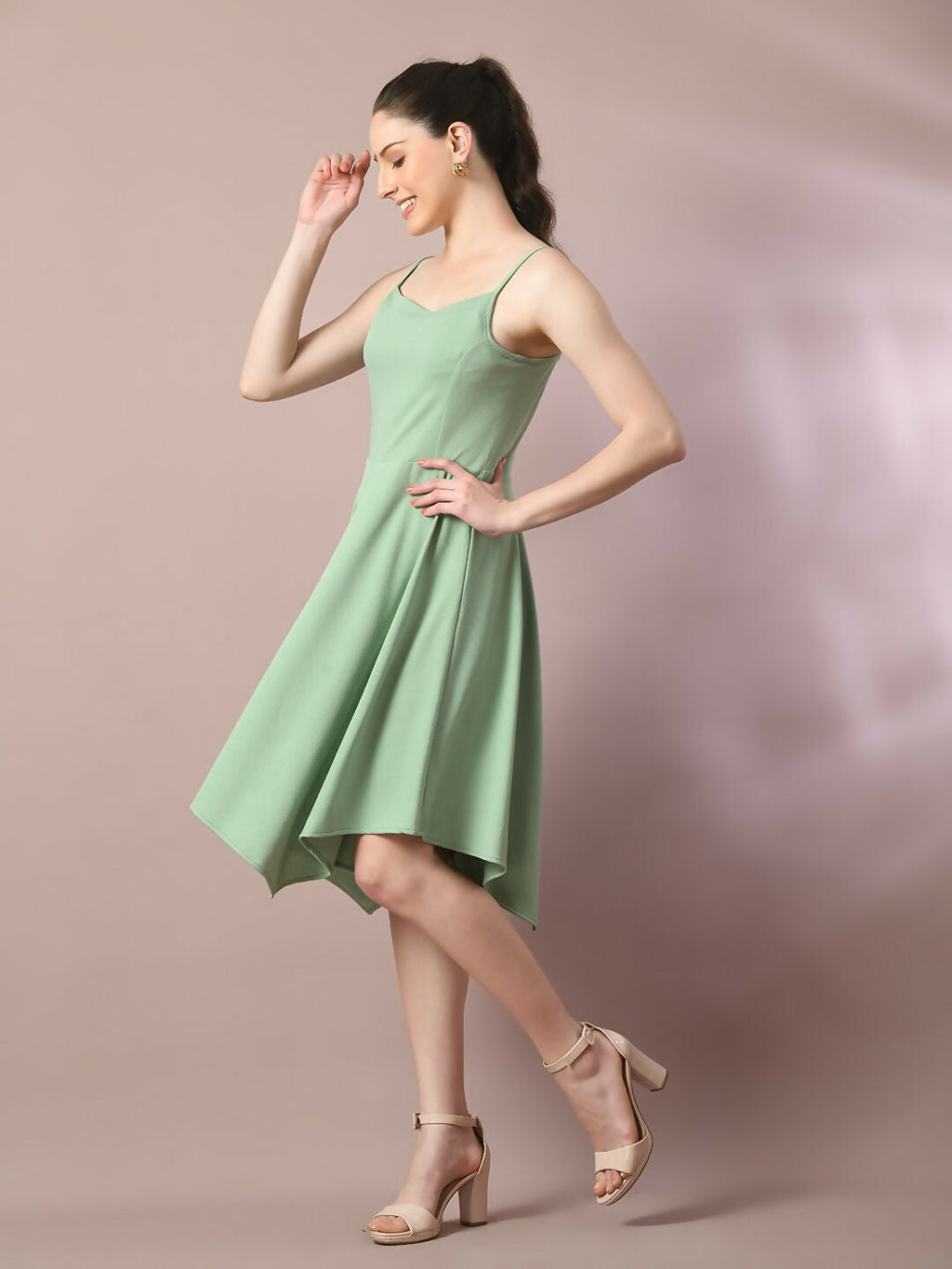 Myshka Women's Sea Green Solid Shoulder Straps Fit and Flare Party Dress | Grocsy