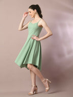 Myshka Women's Sea Green Solid Shoulder Straps Fit and Flare Party Dress | Grocsy