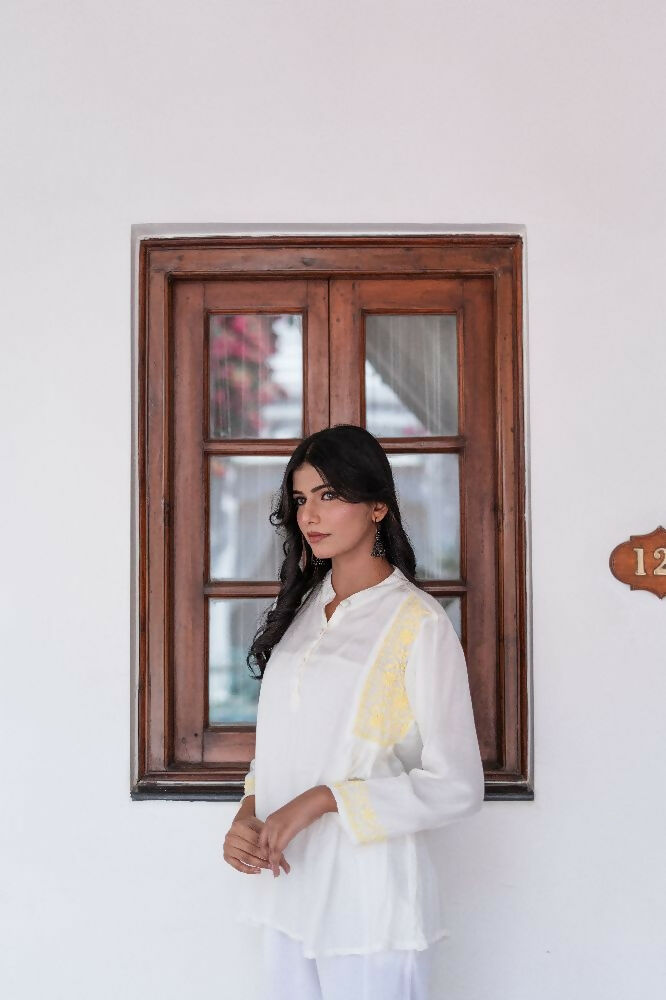 Zibaa Ivory & Yellow Muslin Short Chikankari Kurti | Grocsy
