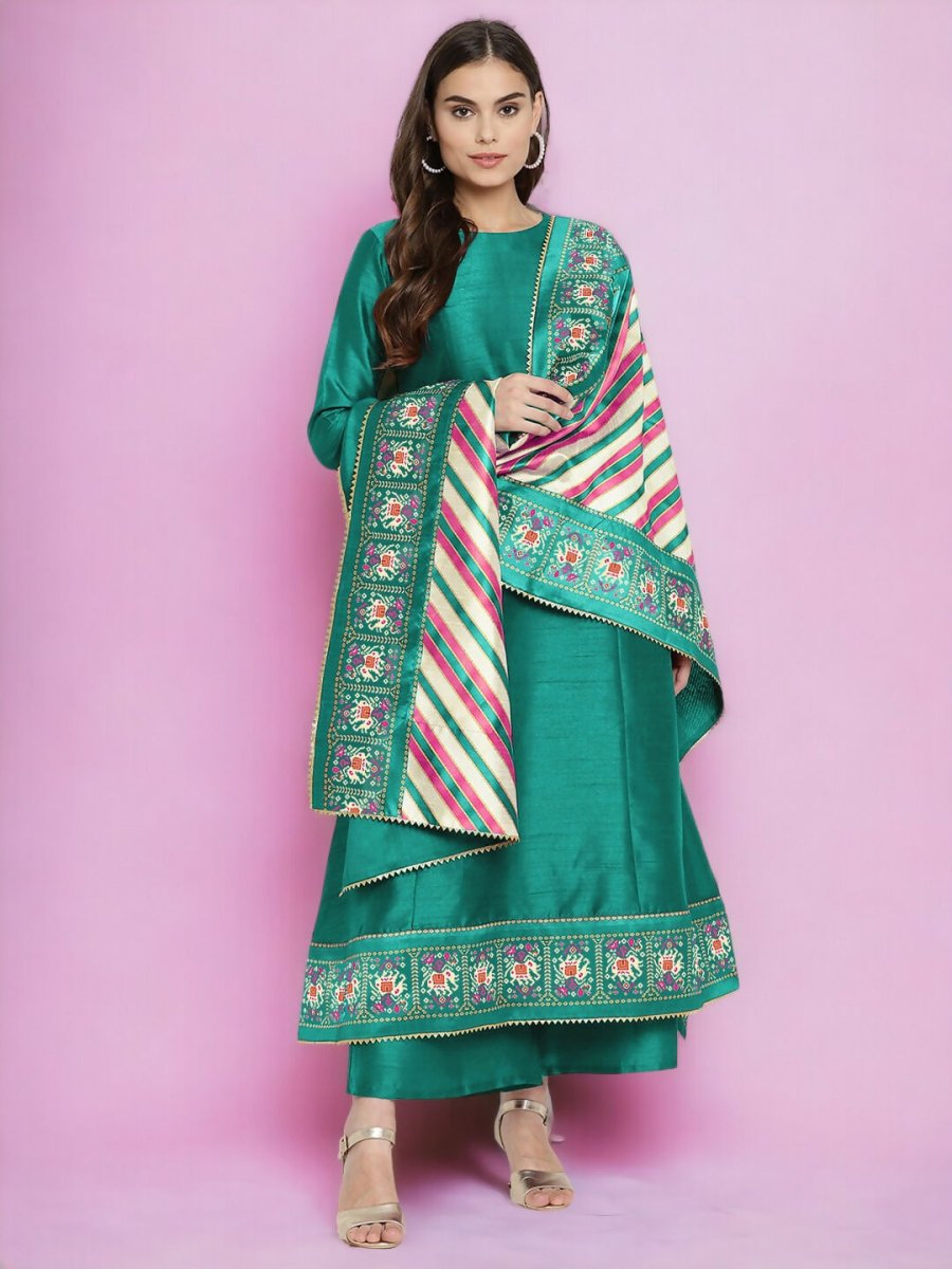 Ahalyaa Women Sea Green Printed Gotta Patti Kurti with Palazzos & Dupatta - Sea Green | Grocsy