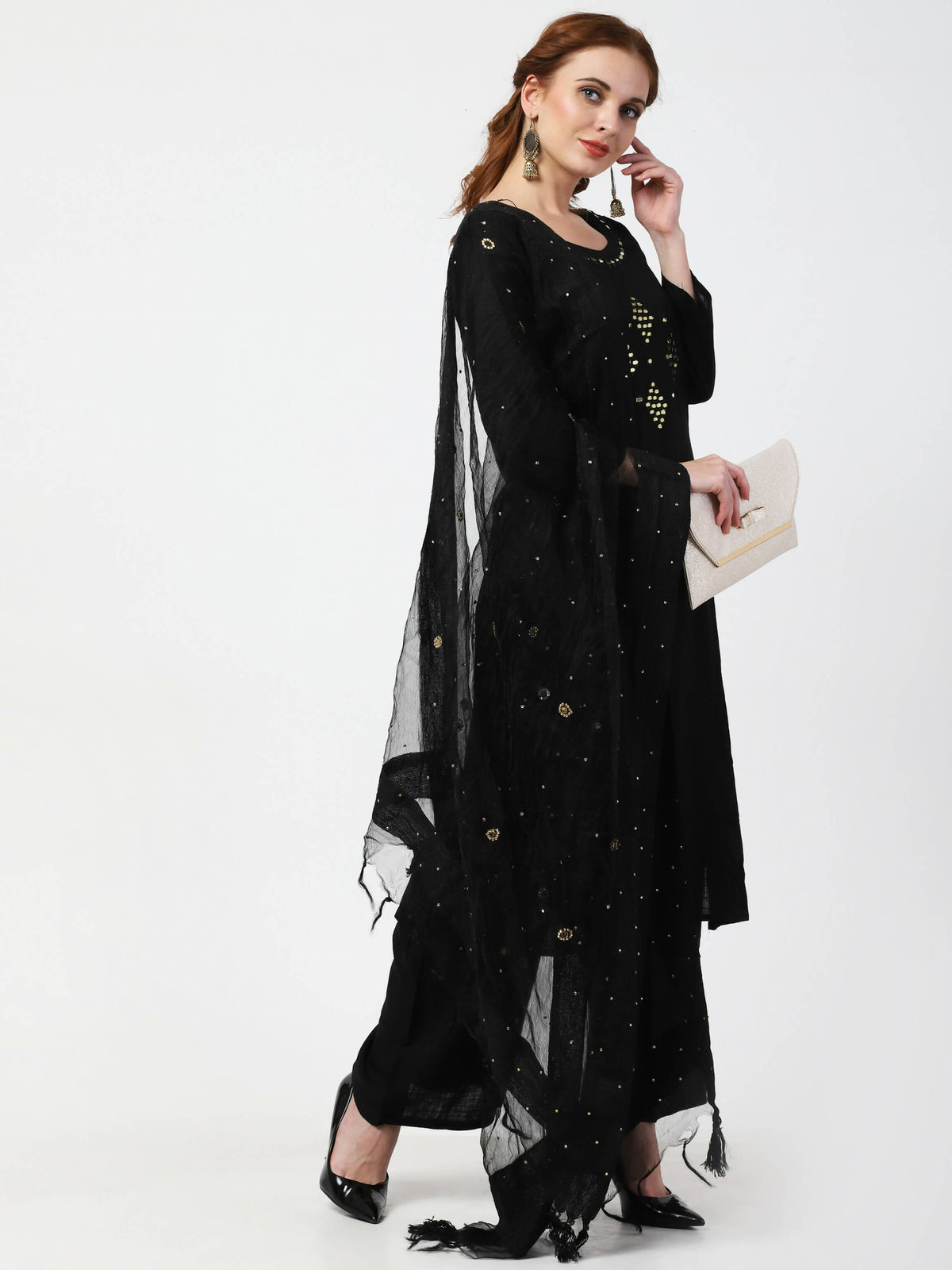 Cheera Women's Black Rayon Slub Kurta Palazzo Organza Silk Dupatta Set | Grocsy