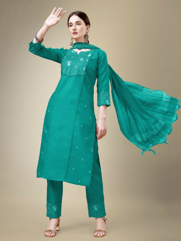 Jyoti Fashion Women's Rama Cotton Blend Embroidery & Fancy Lace work Kurta with Trouser & Dupatta | Grocsy