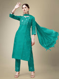 Jyoti Fashion Women's Rama Cotton Blend Embroidery & Fancy Lace work Kurta with Trouser & Dupatta | Grocsy
